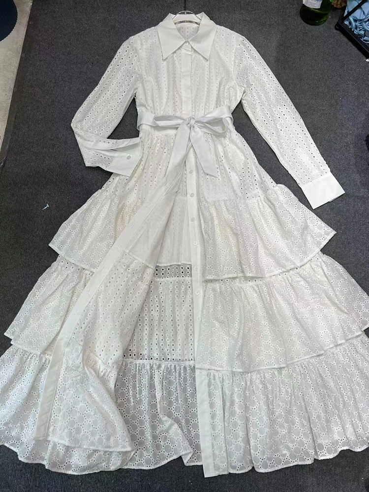 VGH-Robe Patchwork à Volants Épissés et Découpés pour Femme, Couleur Unie, Revers, Manches sulf, Taille Haute, Simple Boutonnage