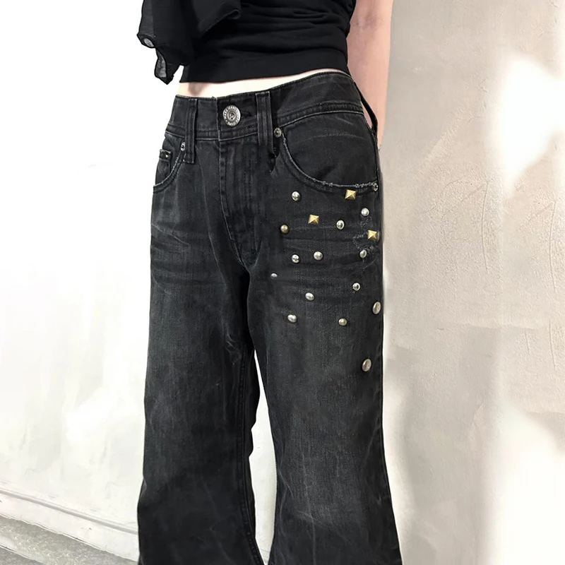 SUCHCUTE Vintage Black Rivets Decorate Flared Denim Pants Women's Low Waist Wide Leg Jeans Y2K Streetwear Oversized Trousers New