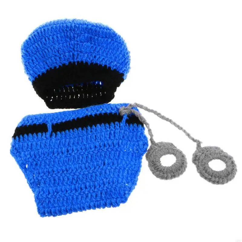 J0MF Newborn Photography Props Crochet Knit for Police Design Clothes Suit Infant Photo Costumes Baby Clothing Accessories