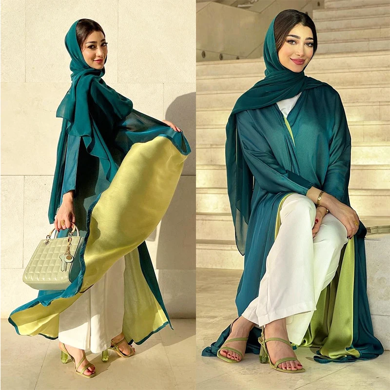 Chiffon Dress for Women, Green Robe, Muslim Clothes, New Abaya Coat, Dubai, Arab, Turkey, Green Scarf