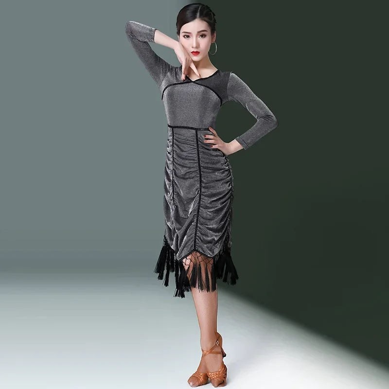 섹시 라틴 댄스 의상 봄 여름 신상 라인 댄스 스커트 슬림핏 태슬 여성 드레스 긴팔 의류