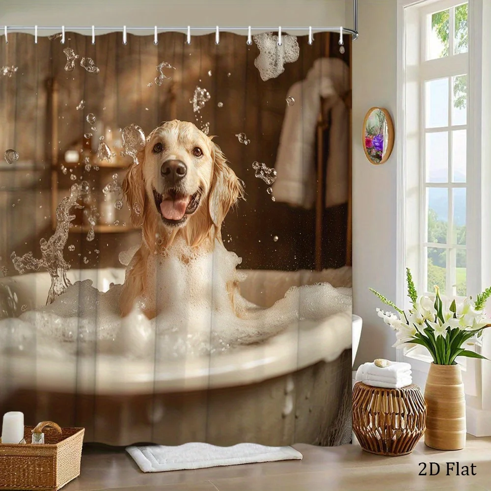 1pc Shower Curtain Featuring a Golden Retriever in a Clawfoot Bathtub, Showcasing Wet Fluffy Fur And Joyful Barking, Designed fo
