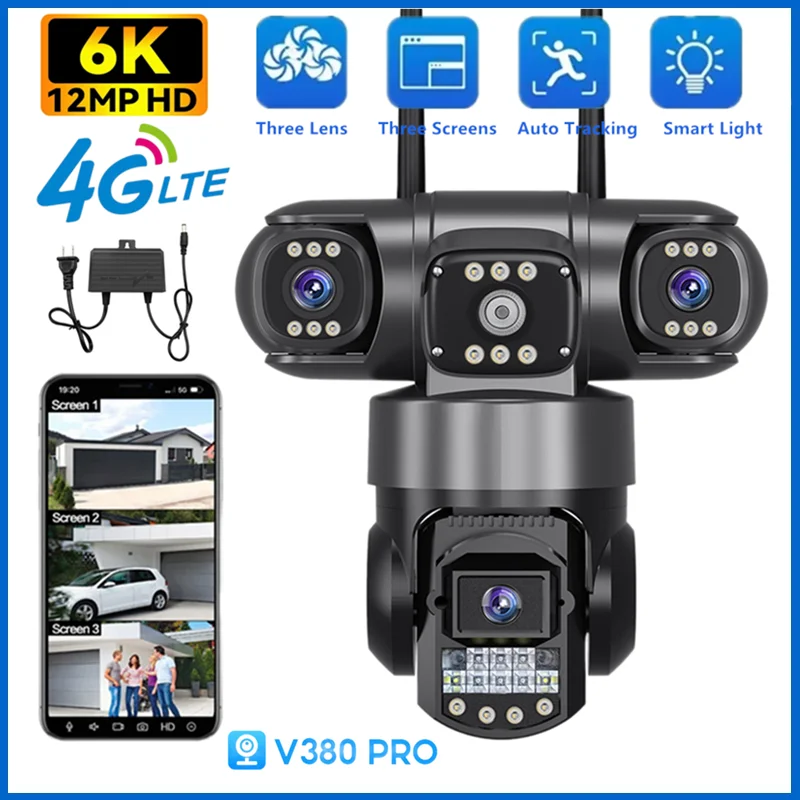 4G 12MP 6K IP CCTV Outdoor Waterproof Security Camera 3 Lens Night Vision Two-way Intercom Mobile Monitoring Alarm 360°PTZ