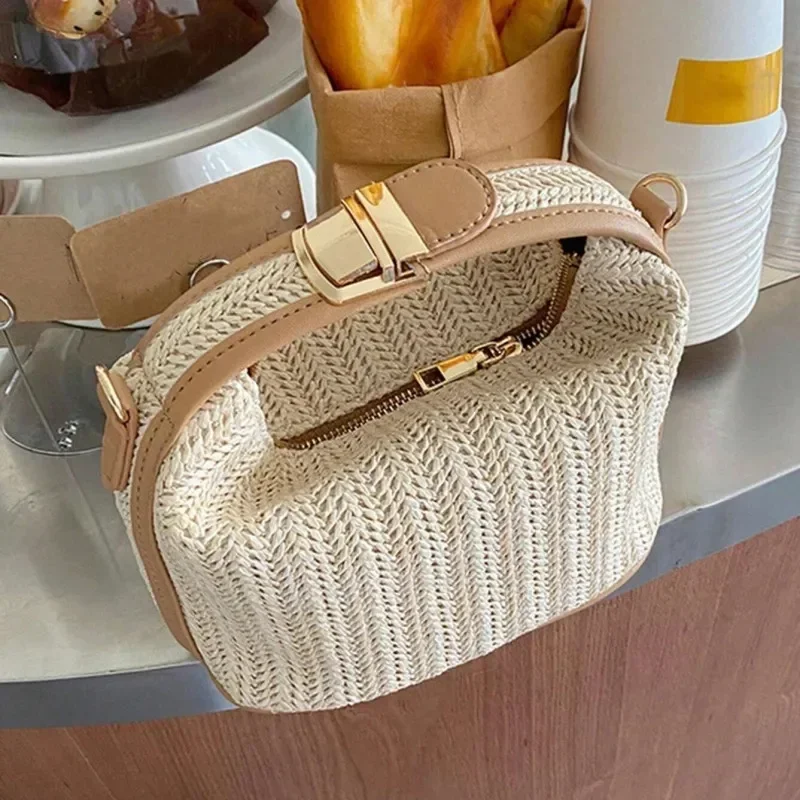 

Yogodlns Summer Small Straw Handbag Trendy Shoulder Bag Woven Bucket Crossbody Bag Casual Seaside Beach Bag Gilrs Handle Tote