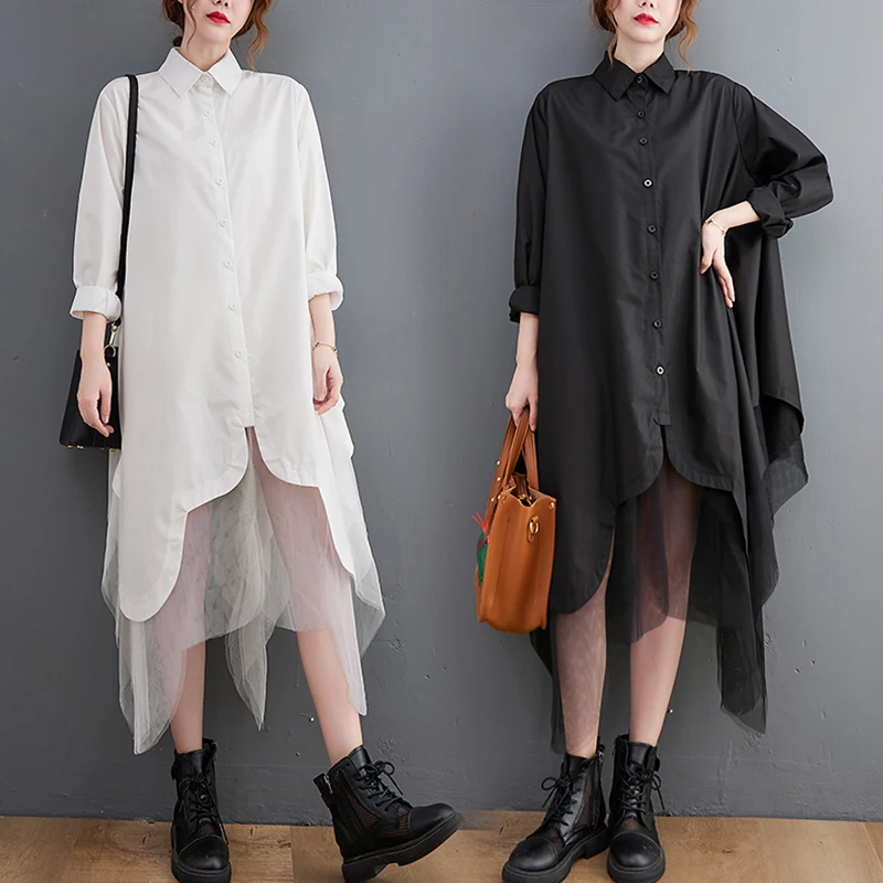 

Двойной слой Me в стиле пэчворк Long Sve irt Dr, женская одежда больших размеров, юбка нестандартной формы, свободный крой для поездок на работу