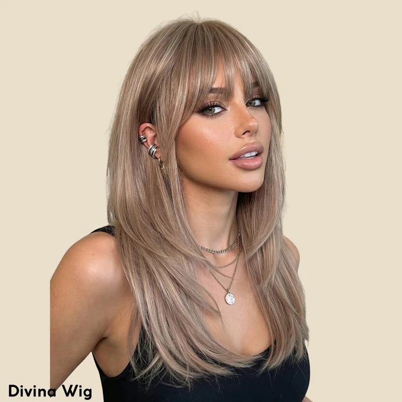 Long Blonde Wig With Bangs Layered Straight Synthetic Hair Natural Looking Heat