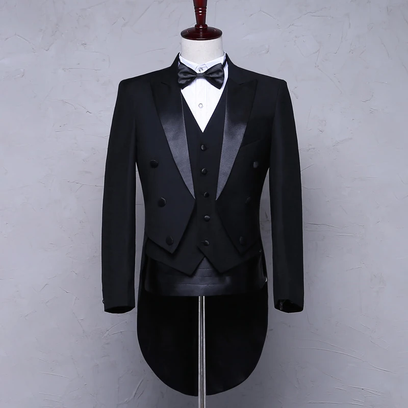 Men\'s Tuxedo Tailcoat (Jacket + Vest + Pants) Black White Navy Dress Coat Swallowtail Dinner Party Wedding Magic Show Stage Suit