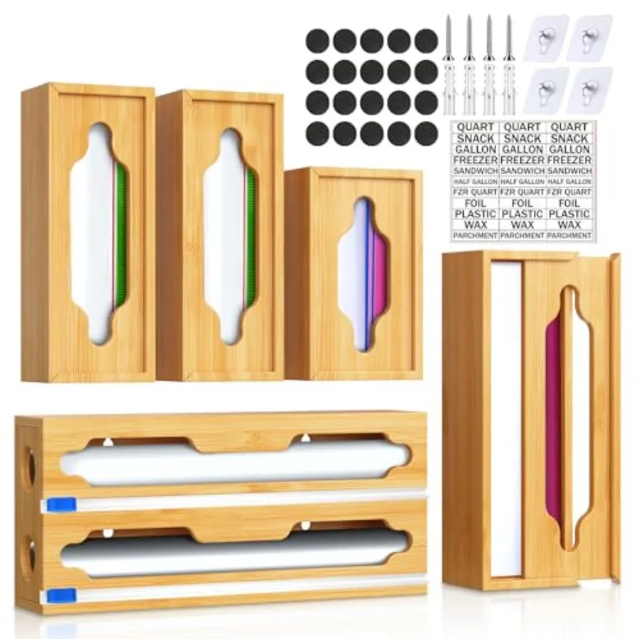 

6 In 1 Bag Storage Organizer with Foil and Plastic Wrap Organizer, Extended Aluminum Foil Dispenser, Bamboo Baggie Organizer fo