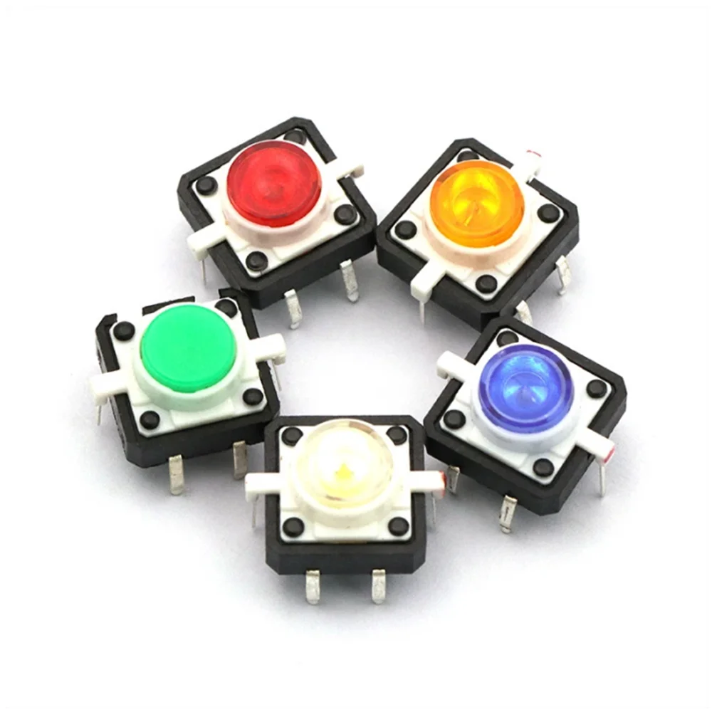 5PCS Reset Button Momentary Switch With Light 12x12x7.3mm Green Blue Red Yellow White LED Illuminated Tact Switch 12*12*7.3MM