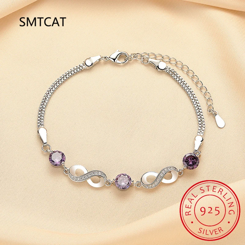 Round Natural Amethyst 925 Sterling Silver Infinity Love Bracelet for Women Purple Gemstone Statement Jewelry Pulseiras De Prata