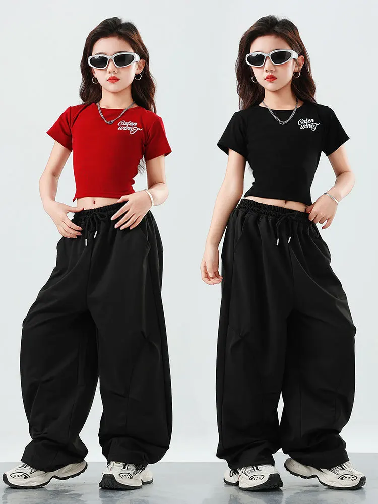 Jazz Outfit Street Dance Kostüm Kinder Mädchen Kpop Bühne Tragen Kurzarm Top Shuffle Hosen Urban Dance Hosen Streetwear VDL3773