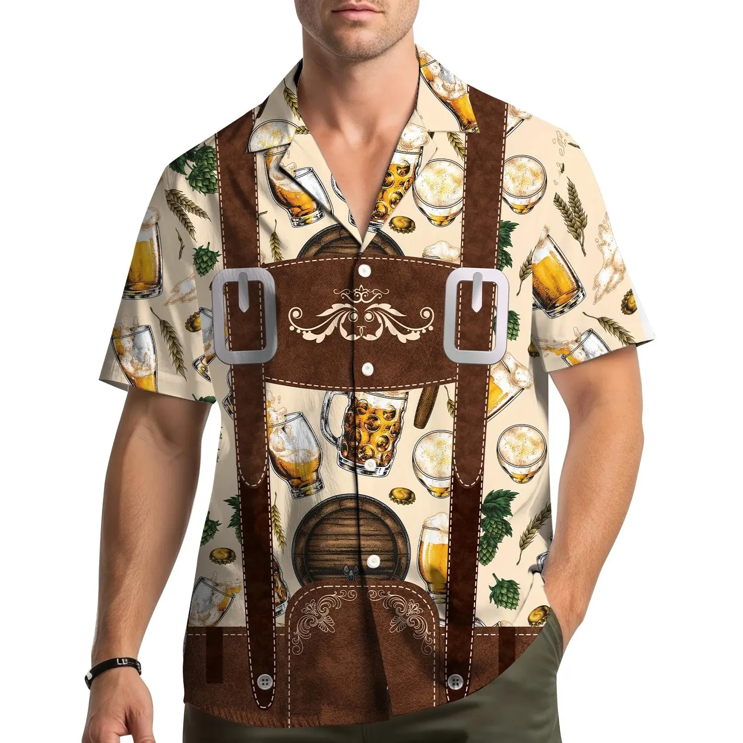 Men Oktoberfest Beer Print Short Sleeve Shirt Fake Lederhosen Suspender Pattern Bavarian Munich Festival Casual Mens Clothing
