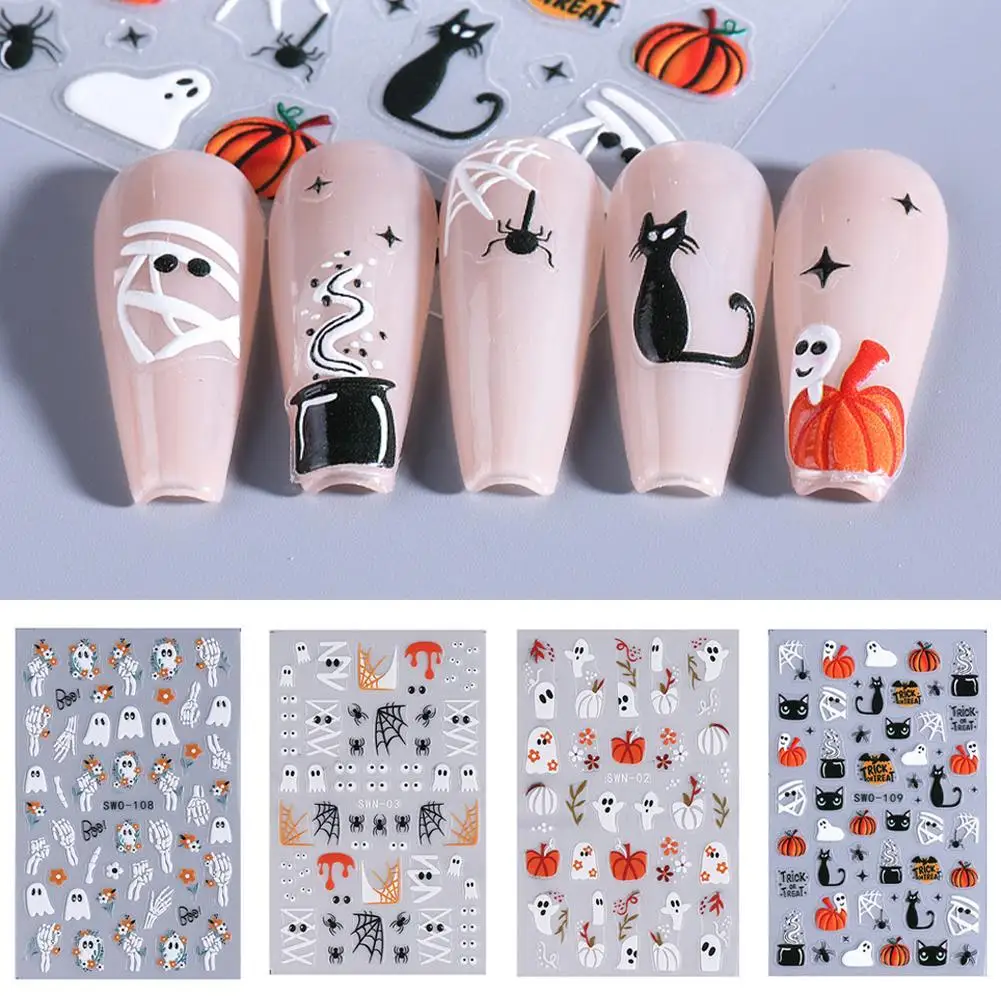 

Luminous Halloween Spooky Nail Stickers White Ghost Pumpkin Design Decals Glow in The Dark Manicure Nail Art Decorations