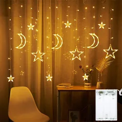 3.5m Star Moon LED Curtain String Light Battery Power Christmas Garland Fairy Lamp for Outdoor Garden Wedding Xmas New Year Decor