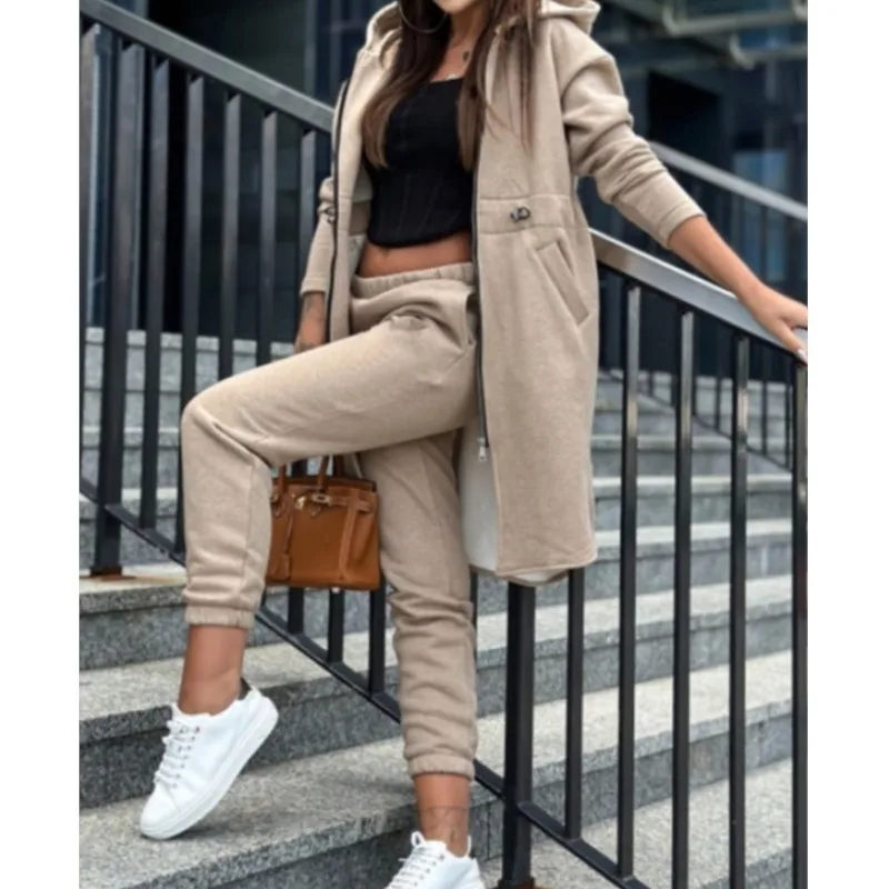 

Casual Fashion Sweatshirt Set 2025 New Women Zip Hooded coat +Pencil Trouser Pants Sets Solid Color Swaetshirt for Autumn Winter