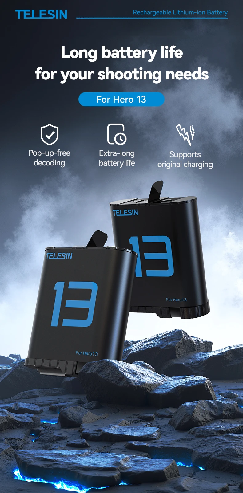 TELESIN 1900 mAh Lade Batterie Für GoPro Hero 13 Batterie 3 Möglichkeiten Schnelle Ladegerät Box TF Karte Lagerung Für GoPro 13 zubehör – Detail 1