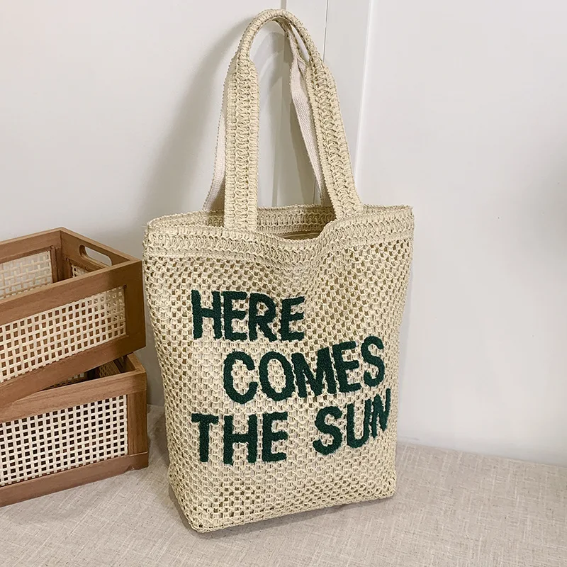 

Summer Letter Woven Shoulder Bags for Women Vacation Portable Ladies Beach Handbag Versatile Large Capacity Girls Straw Tote Bag