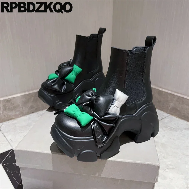 Shoes Fur Lined Slip On High Heels Square Toe Block Genuine Leather Bowtie Cow Skin Bowknot Platform Booties Women Chelsea Boots