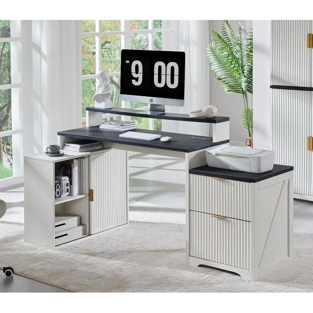 

Антикварный белый L-образный стол 67 с тумбой для хранения и розетками для домашнего офиса