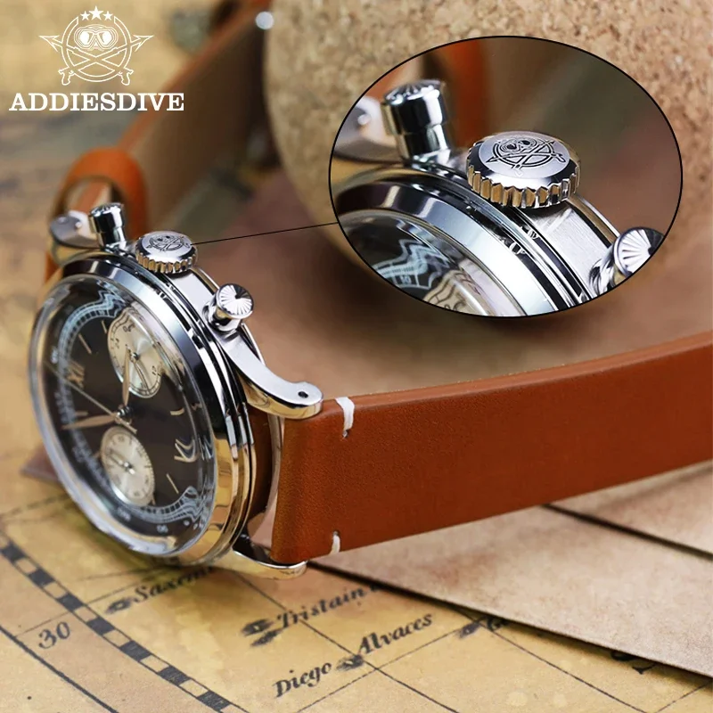 ADDIESDIVE 38 мм ретро мужские часы VK64 многофункциональный хронограф пузырь зеркало стекло кварцевые часы водостойкие Relojo Masculino