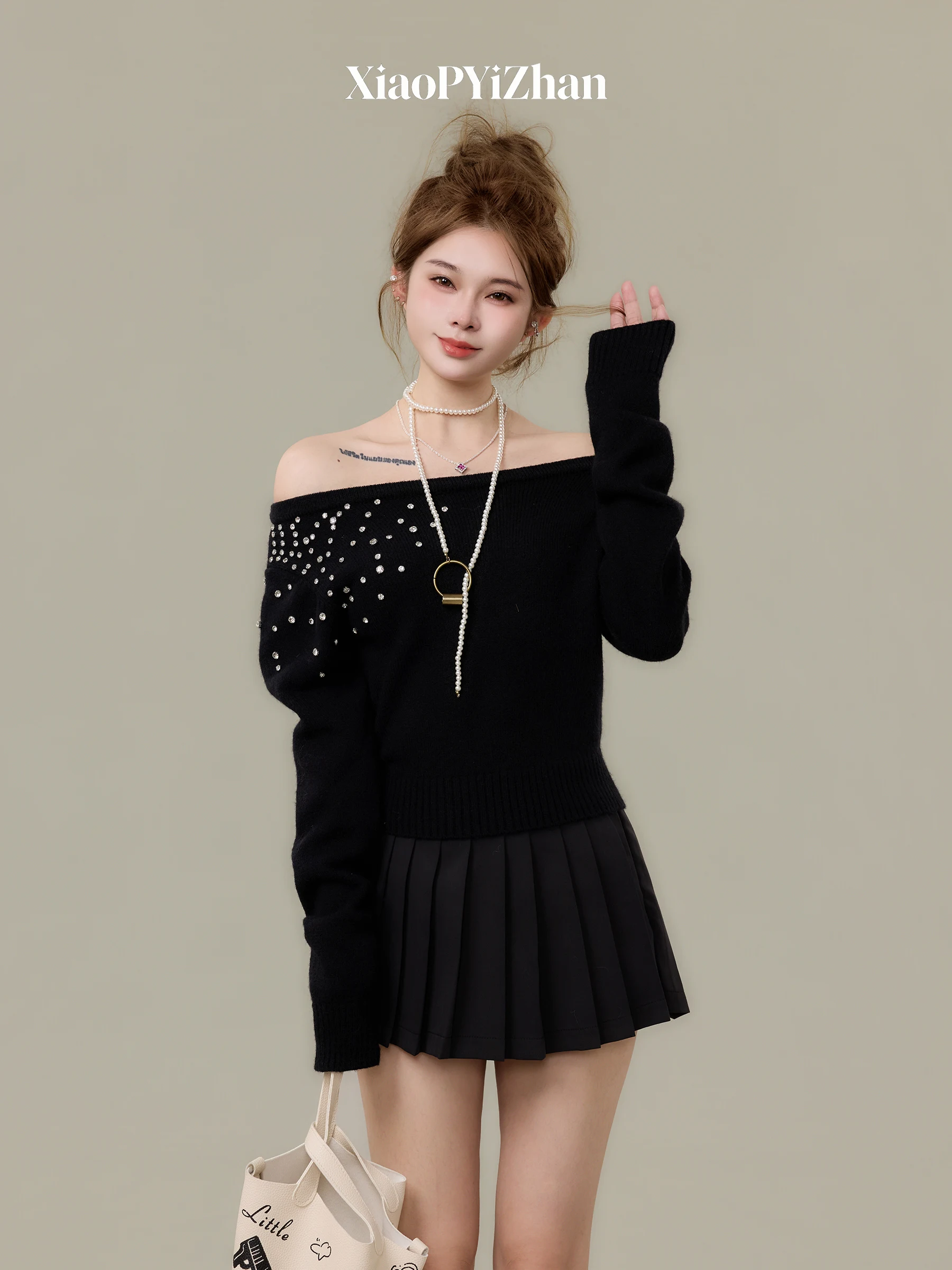 

Вязаный свитер Bla Sparkling Diamond с бриллиантовым декором, модный женский свитер свободного кроя для осени и зимы, с длинными рукавами