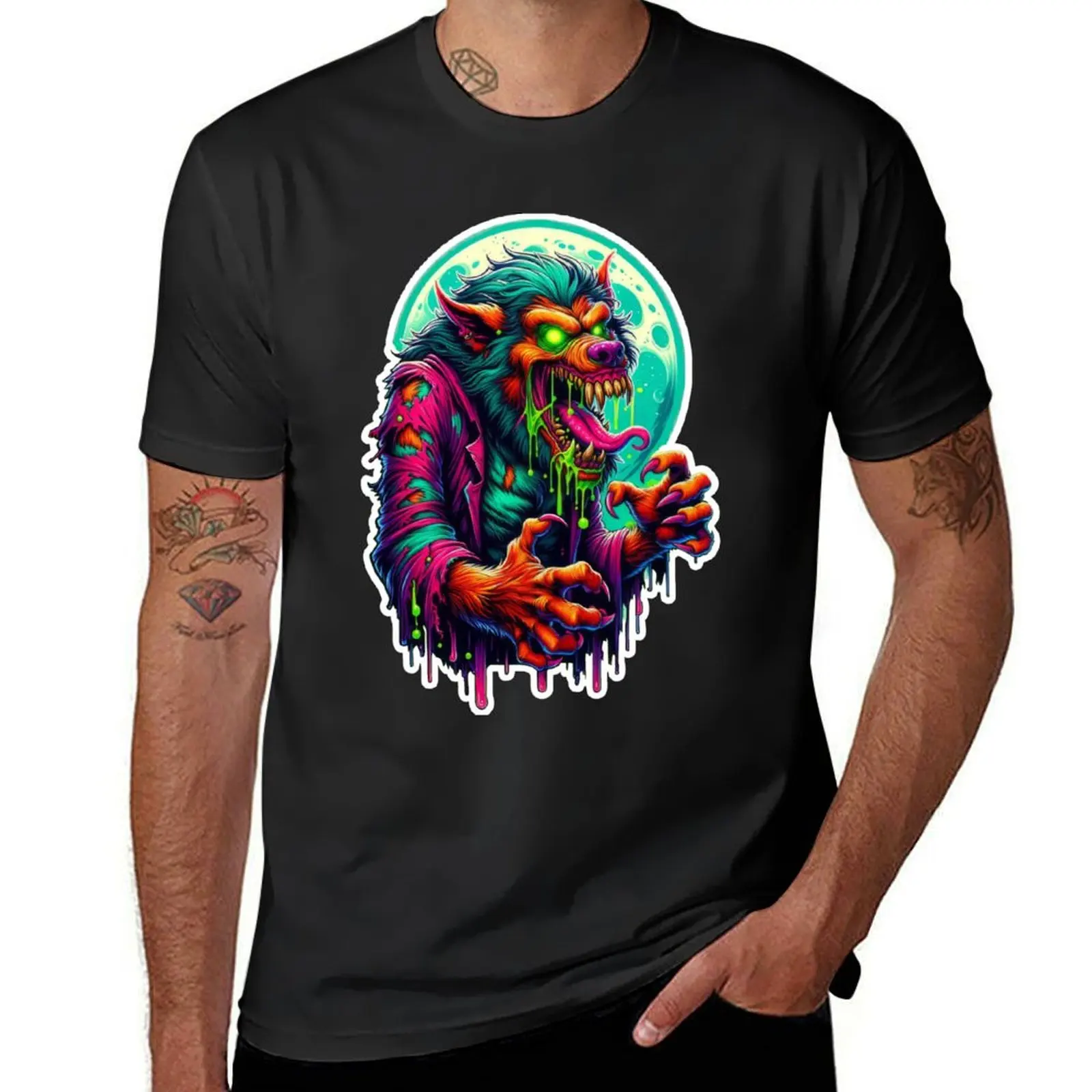 Neon Werewolf Howling Under Full Moon T-Shirt tees summer clothes aesthetic clothes mens vintage t shirts