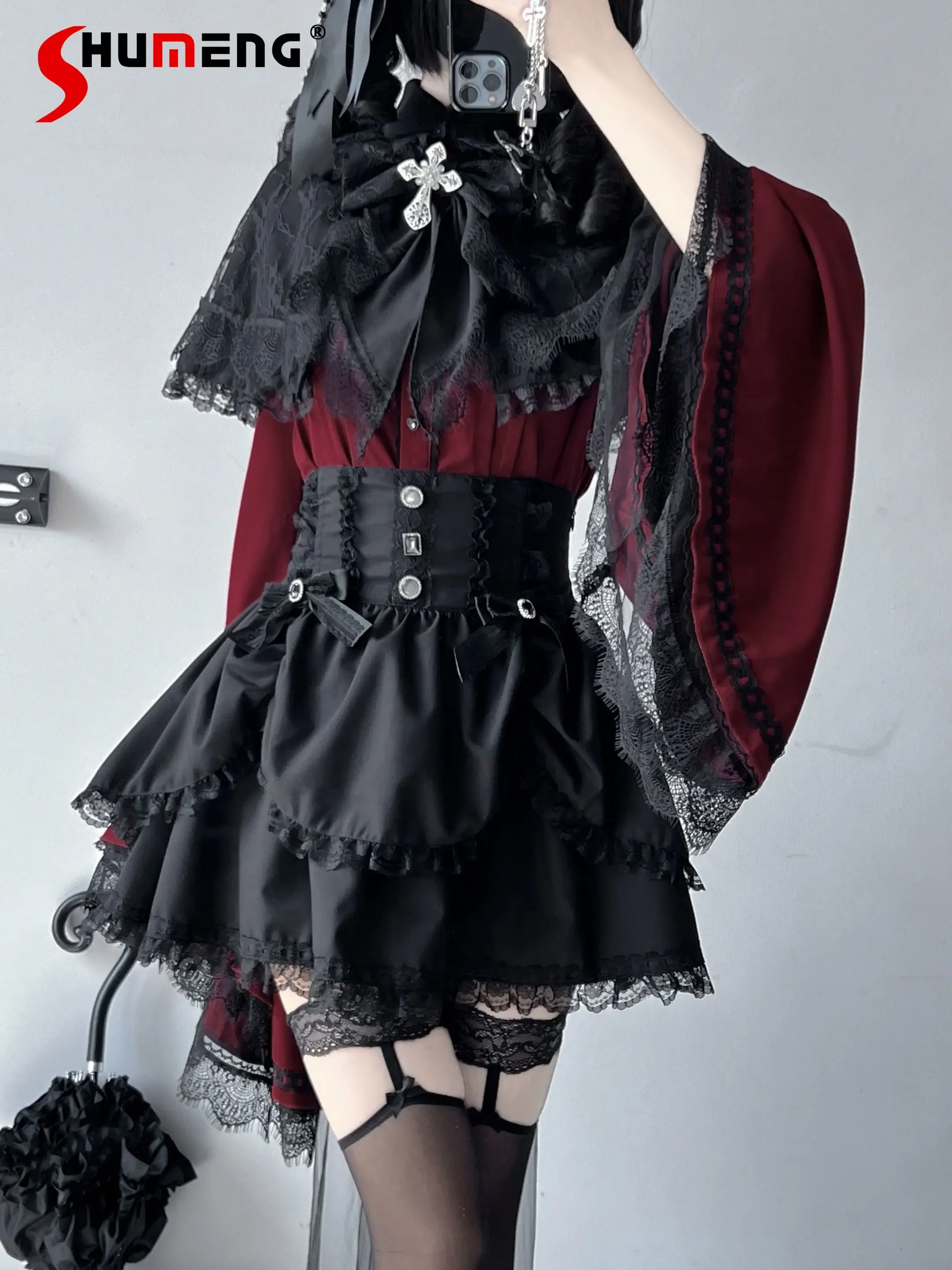 

Mine Series Mass-produced Skirt High Waist Lace Stitching Gothic Striped Skirt Women's Long-sleeved Shirt Spring and Autumn