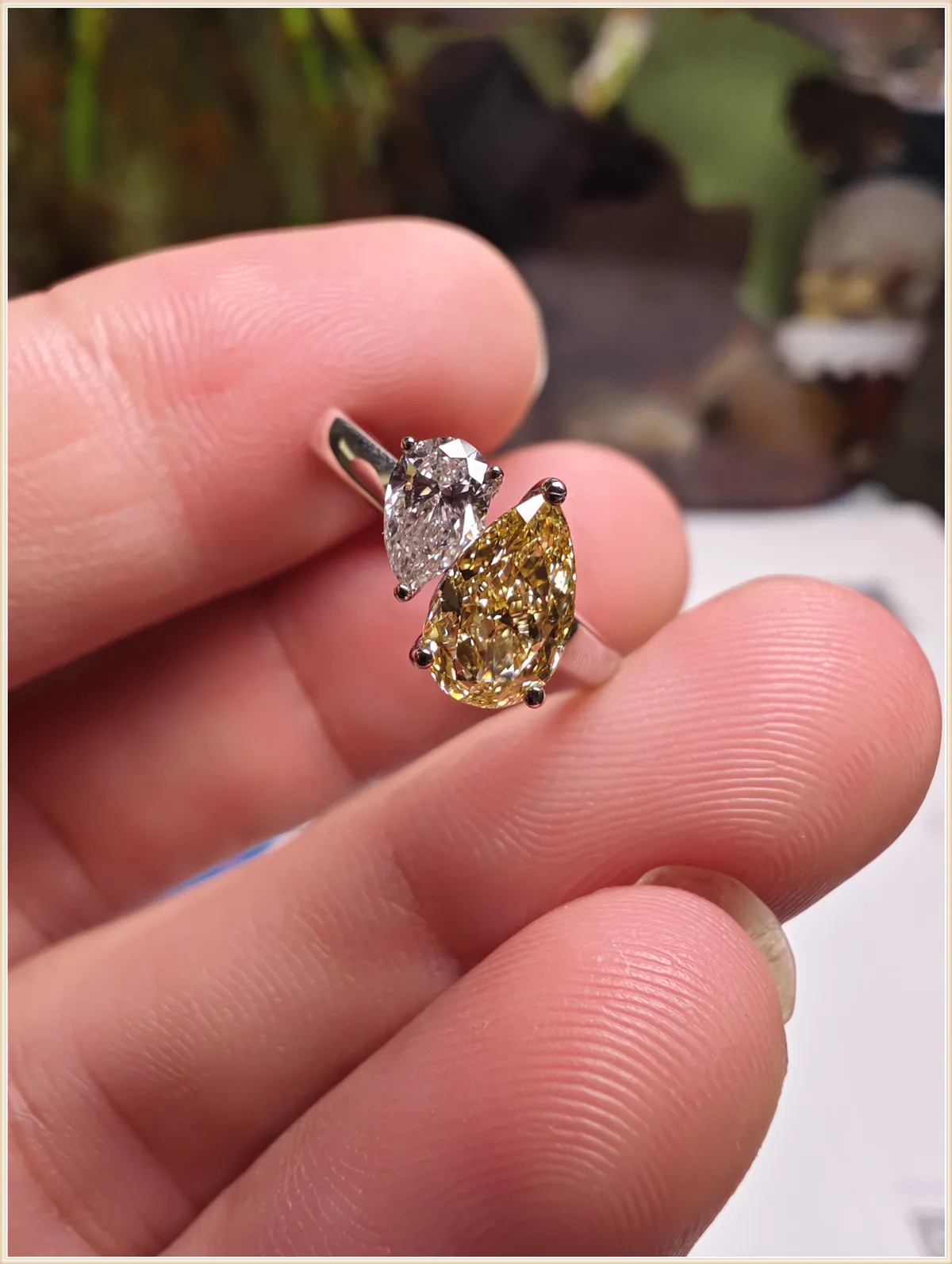 18K real gold laboratory growth diamond yellow diamond water drop 2 stone two-color diamond ring 1 carat wedding ring female