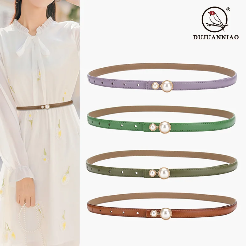 

Genuine leather belt for women, slim dress, pearl buckle, simple and versatile belt