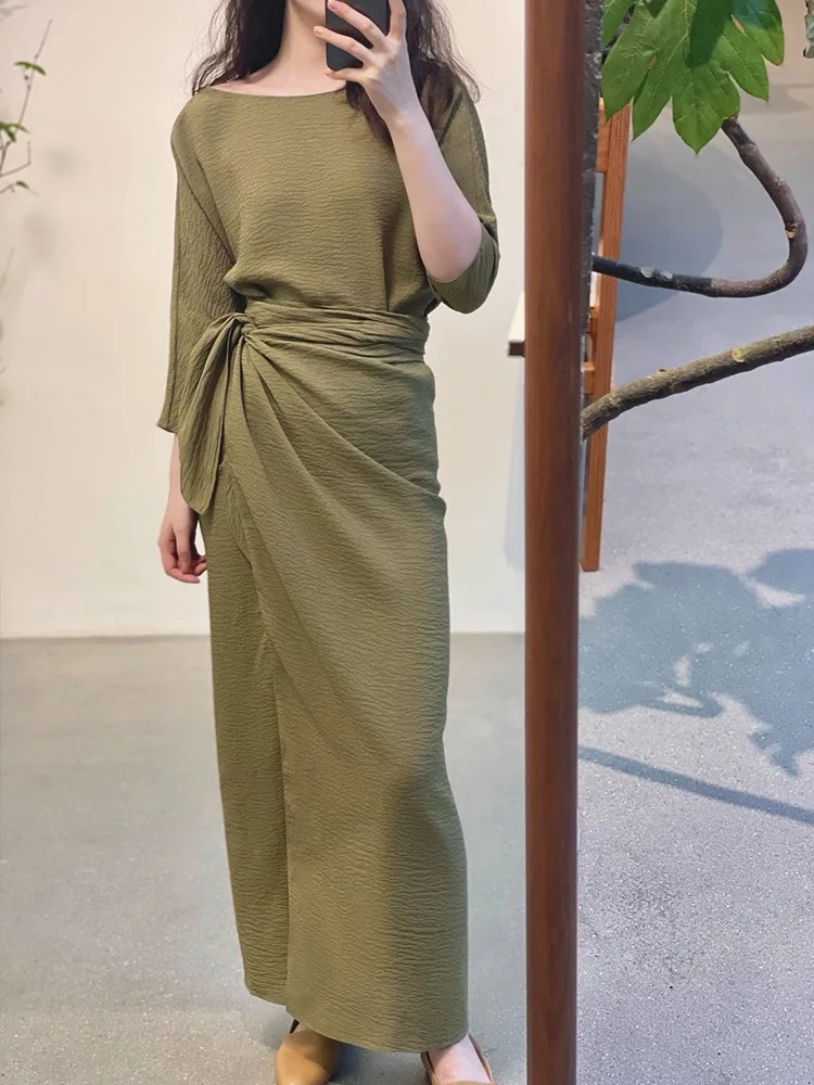 Corta* Summer 2023 Women Dress 3/4 Sleeve 2-Ways Solid Color Elegant Luxury Holiday Stlye Ankle-Length Empaire Waist