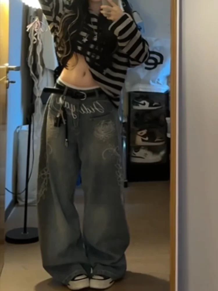 Amerykańskie modne jeansy hip-hopowe Joker oversize damskie streetwear Y2K nowa wyprzedaż okazja hit szerokie nogawki unisex luźne jeansy