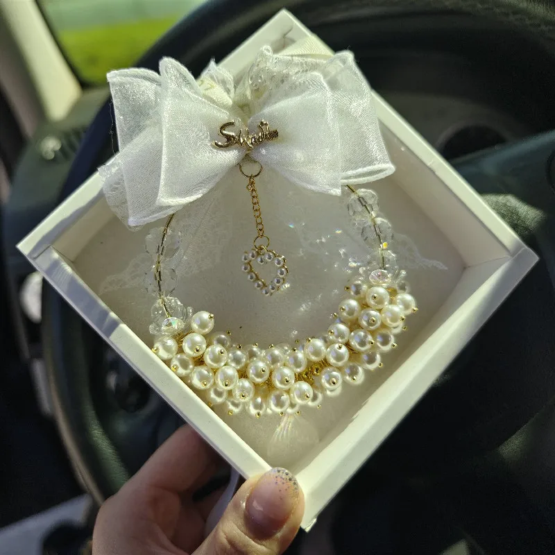 Car Pendant Lace Bow Car Rearview Mirror Pendant Ornament Light Luxury Pearl Decoration Car Supplies