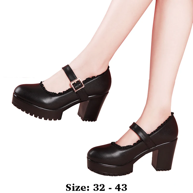 

high quality leather shoe for women 8cm 15cm high heel platform round toe 32 33 43 elegant and fashion shoe black white