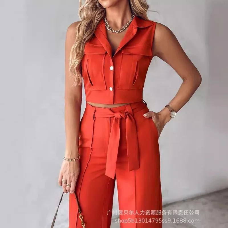 2024 Spring Summer New Women's Clothing Solid Color I-Shaped Pocket Vest Straight Tailor Blouse and Pants 2-Piece Set