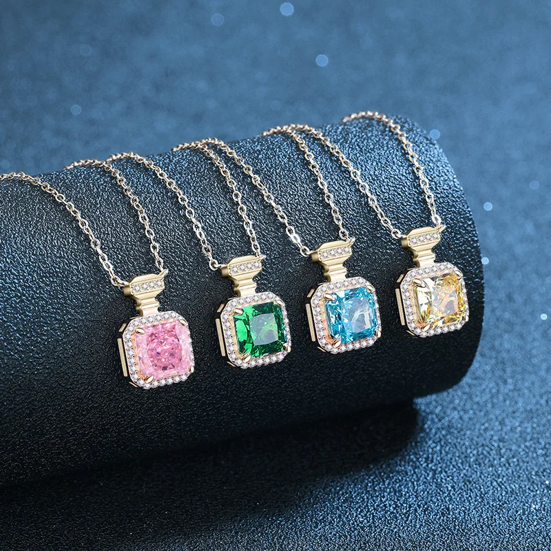 

PT950 Платиновый искусственный культивированный драгоценный камень квадратный полный бриллиант морской синий розовый четырехцветный кулон ожерелье ледяной цветок резка