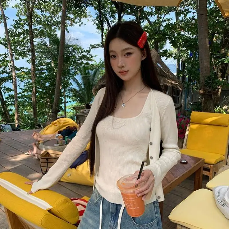 

Korean Sweet Long Sleeve Cardigan and Sleeveless Tank Top Two Piece Set Soft Fabric Women Spring and Summer Fashion Thin New