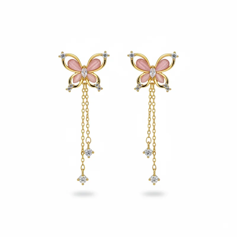 

MURMUR Fairy Pink Butterfly Drop Earrings Long Chain Tassel Dangle Elegant Sweet Jewelry