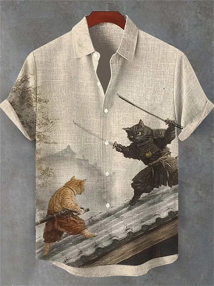 

Men's Samurai Cat Showdown Print Short-Sleeve Shirt, Collared Casual Top, Trendy Design, Loose Fit, Unique Style, Fast Delivery