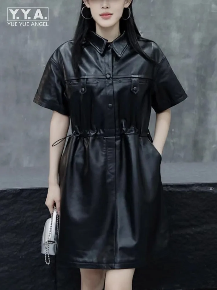 패션 신상 여성 싱글 브레스티드 반팔 턴다운 칼라 미디 기장 천연 가죽 루즈핏 캐주얼 여성 오피스 드레스