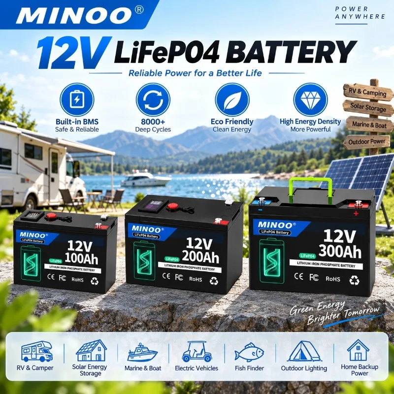 12V LiFePO4 Lithium Battery Built-in BMS 100Ah 200Ah 300Ah Iron Phosphate Rechargeable Deep Cycle Series Parallel