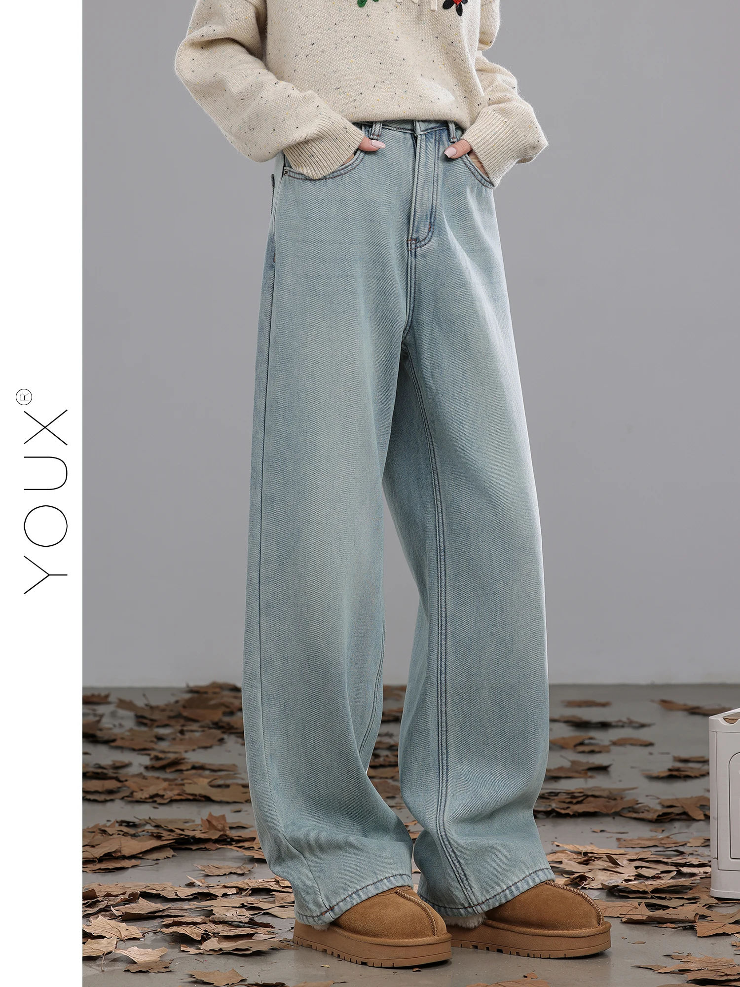 

High Waist Wide Leg Pants Dream City Series Casual Light Blue Fleece Lined Women's Jeans by You Gang for 18-24 Years Old Ladies