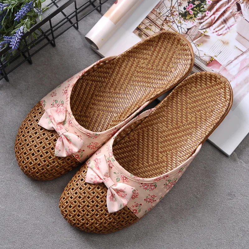 Weaving Flax Home Summer Slippers Male Lovers Sandals and Slippers Women's Shoes Cute Bow Weaving Breathable Sandals Flat Slides