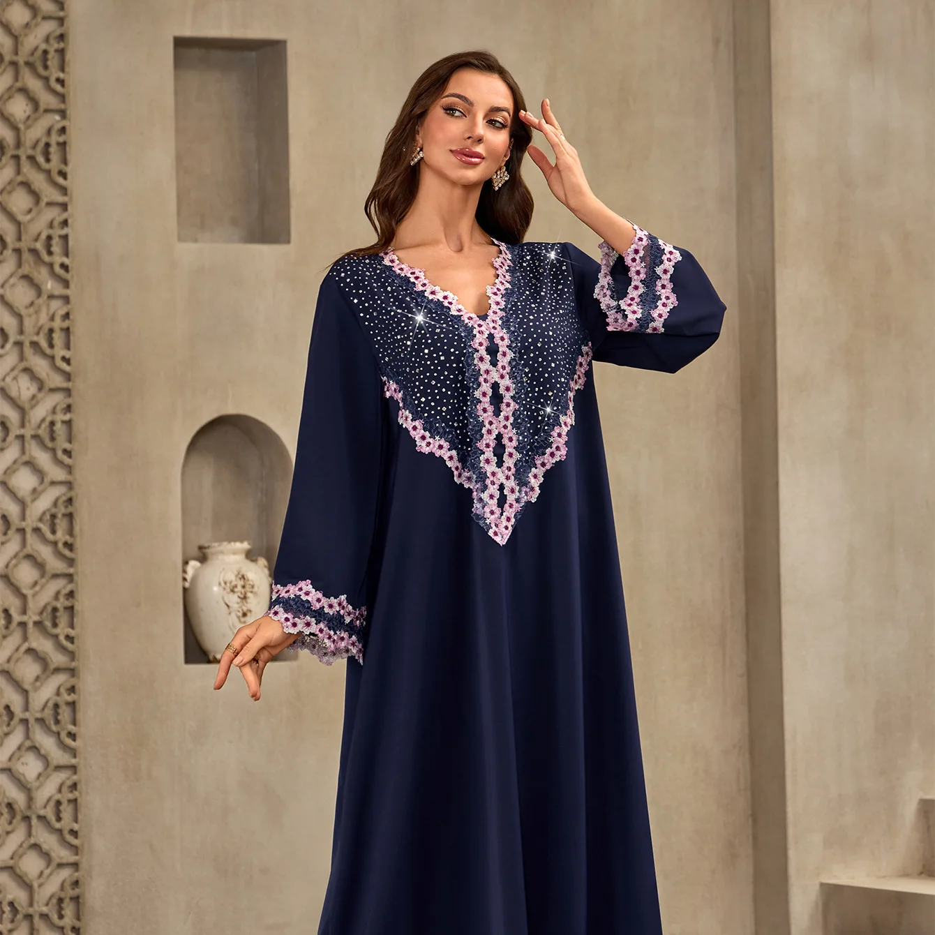 Dubai Arab Muslim 2026 New Fashion Women's Loose Elegant Luxury Navy V-neck Long Sleeve Ankle Length Abaya Female Dress Clothes