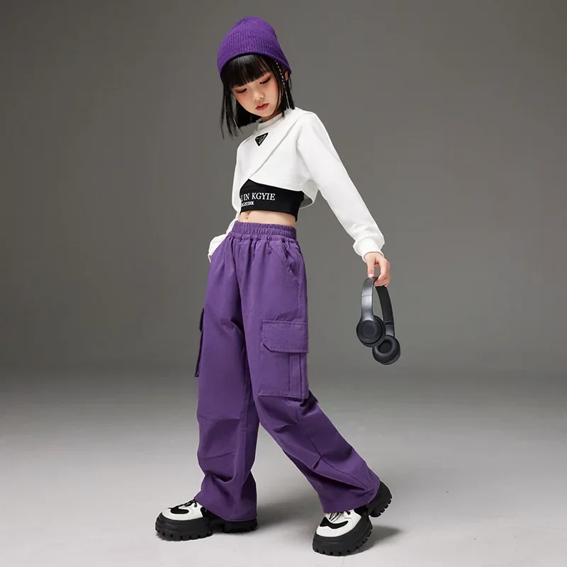 Kpop Children Clothing White Crop Tops Black Vest Purple Cargo Pants 3pcs Girls Jazz Dancing Outfits Ballroom Hip Hop Dance Wear