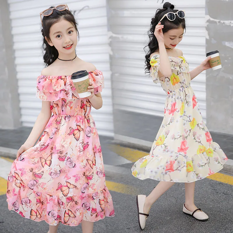 2023 summer Kids baby Girls Long Dress Flower Chiffon Bohemian Beach lace thin Princess mesh 5 7 9 10 11 12 14 15 years teens