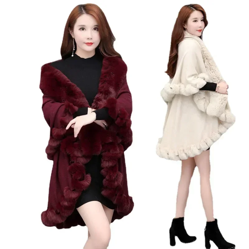 

Korean popular clothes y2k Handcraft Fox Fur Cape Shawl Long Knitwear Cashmere Poncho Coat Wraps Faux Fur Cloak Women Winter