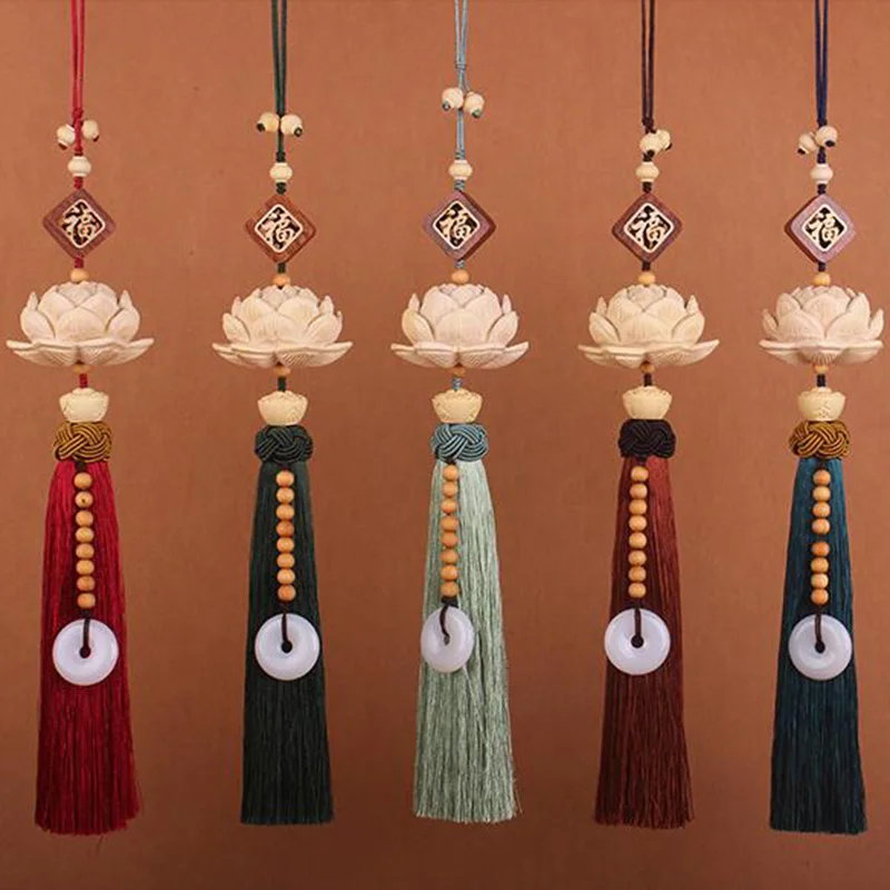 New Wooden Lotus Car Pendant Decoration Lucky Gem Rear View Mirror Safety Hanging Hanging Safe Driving Car Interior Accessories
