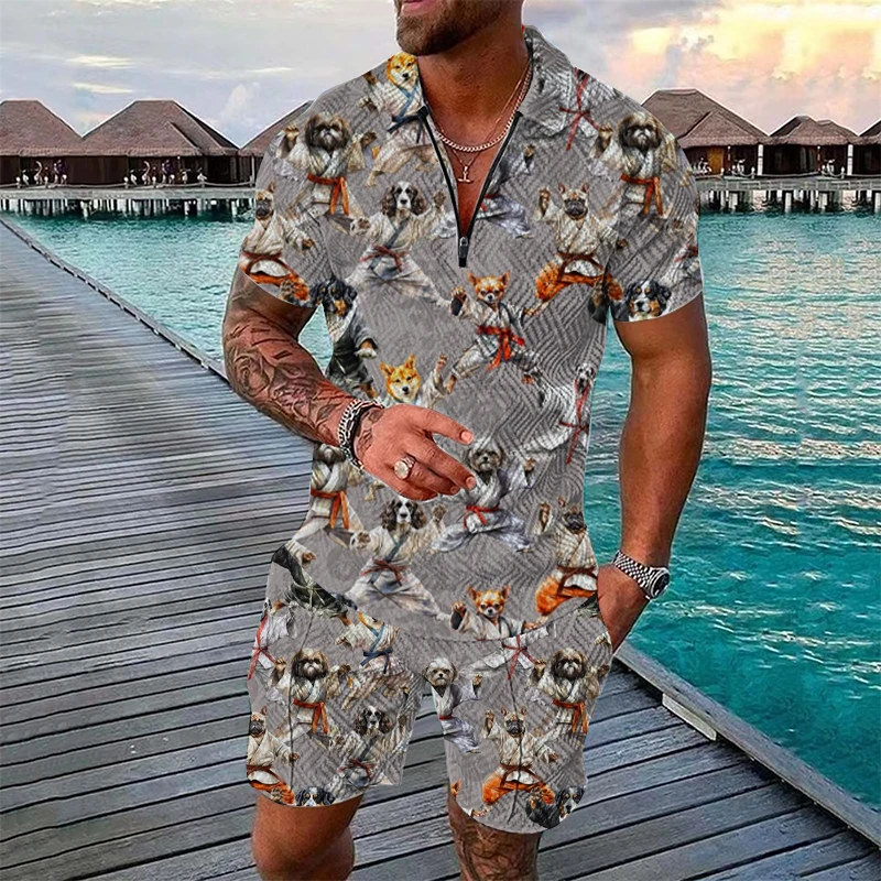 

Men's 3D Animal Digital Printing Zipper Short Sleeve Polo Shirt Sportswear Set T-shirt and Shorts Set Summer Sportswear