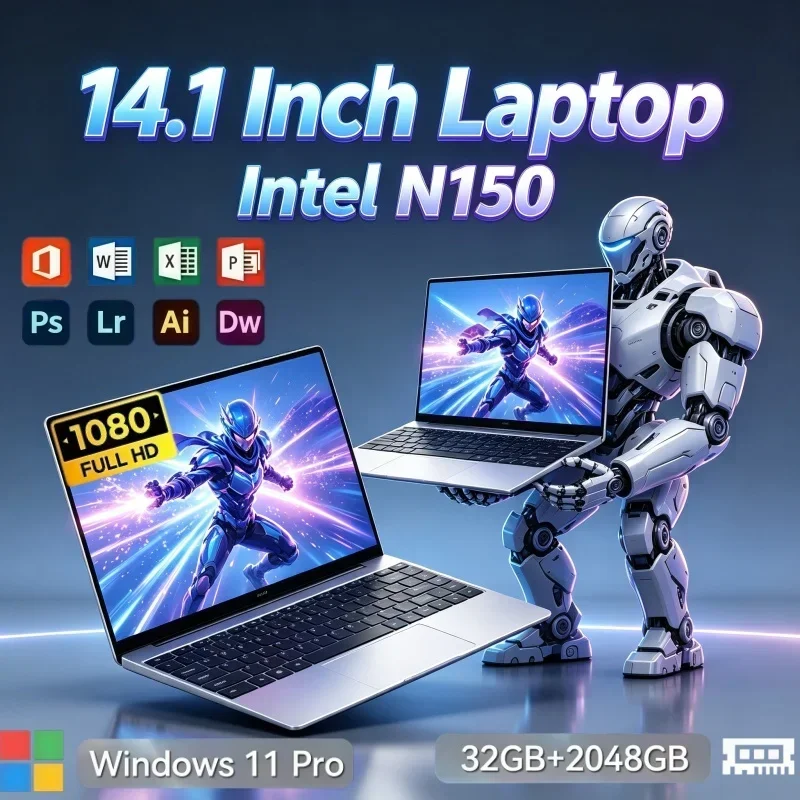 2026 Trendy 14.1 Inch Intel N150 Laptop Windows 11 32GB RAM 2TB SSD Slim Notebook PC For Remote Work & Casual Game