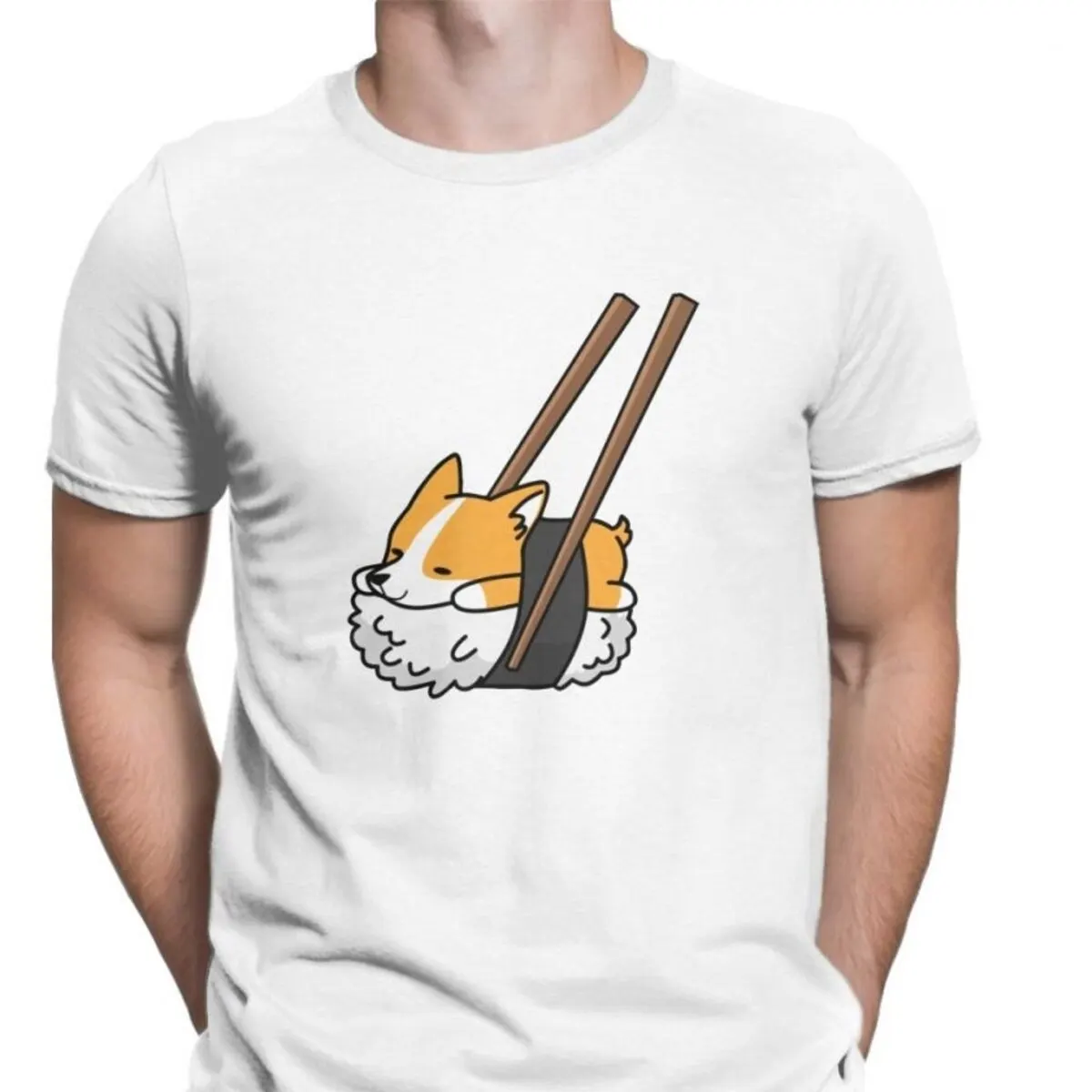 Men Tshirt Funny Sushi Corgi Dog Leisure Tee Shirt Round Neck Pure Cotton Graphic Tee Shirt Printed Sweatshirt